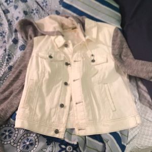 Free people jean jacket with sweatshirt sleeves